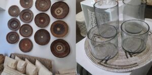 Woven baskets on wall and glass vases on woven mat in home decor setting.