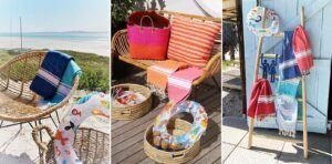 Beach-themed decor with wicker furniture, colorful towels, and inflatable rings by the seaside.