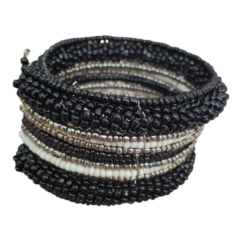 BRACELET CUFF ROPE BLACK, WHITE & SILVER