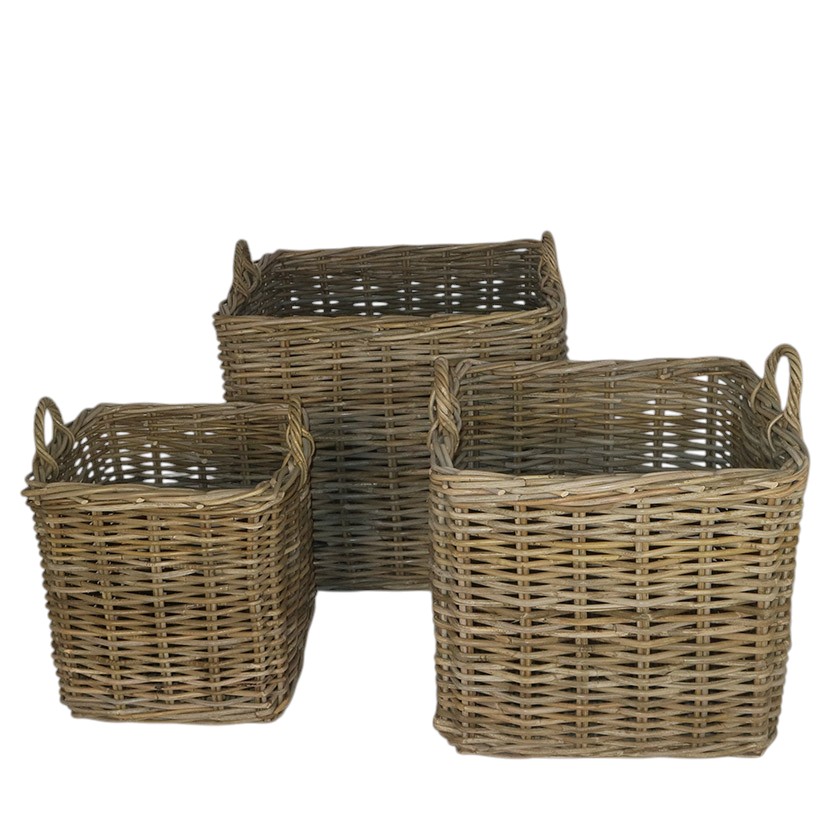 RATTAN THICK PLANTER SQUARE GIANT SET OF 3 GREY