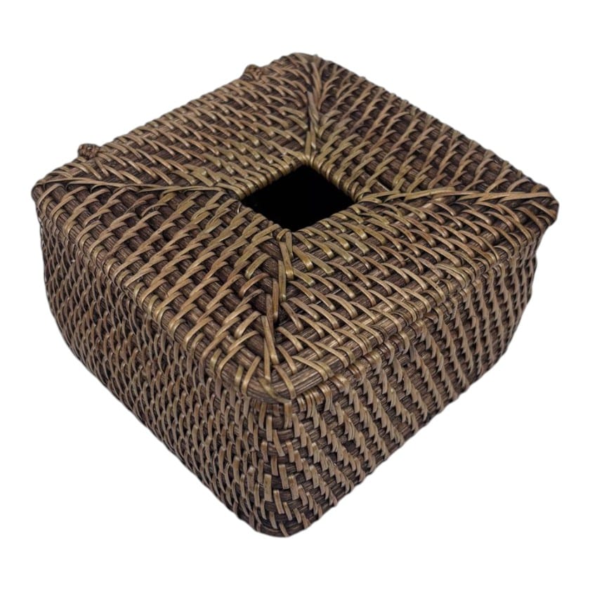 RATTAN TISSUE BOX SQUARE  FLAT ANTIQUE
