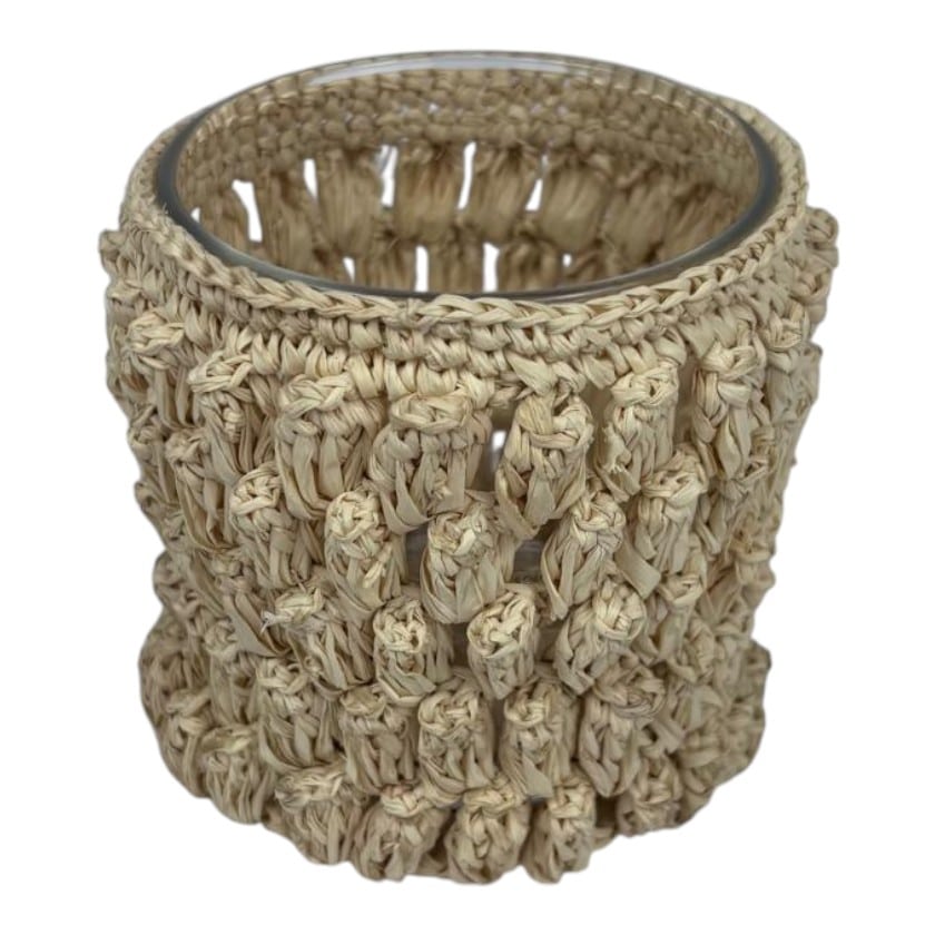 CROCHET CANDLEHOLDER NATURAL WITH GLASS