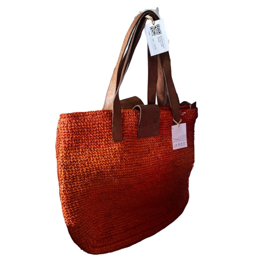 BAG RAFFIA NEW WITH LEATHER CLOSE ORANGE
