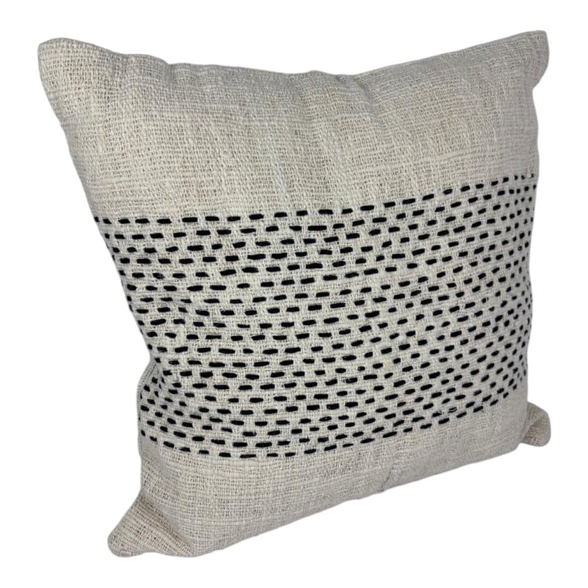 CUSHION NATURAL W BROAD BLACK & WHITE STITCH WITH INNER