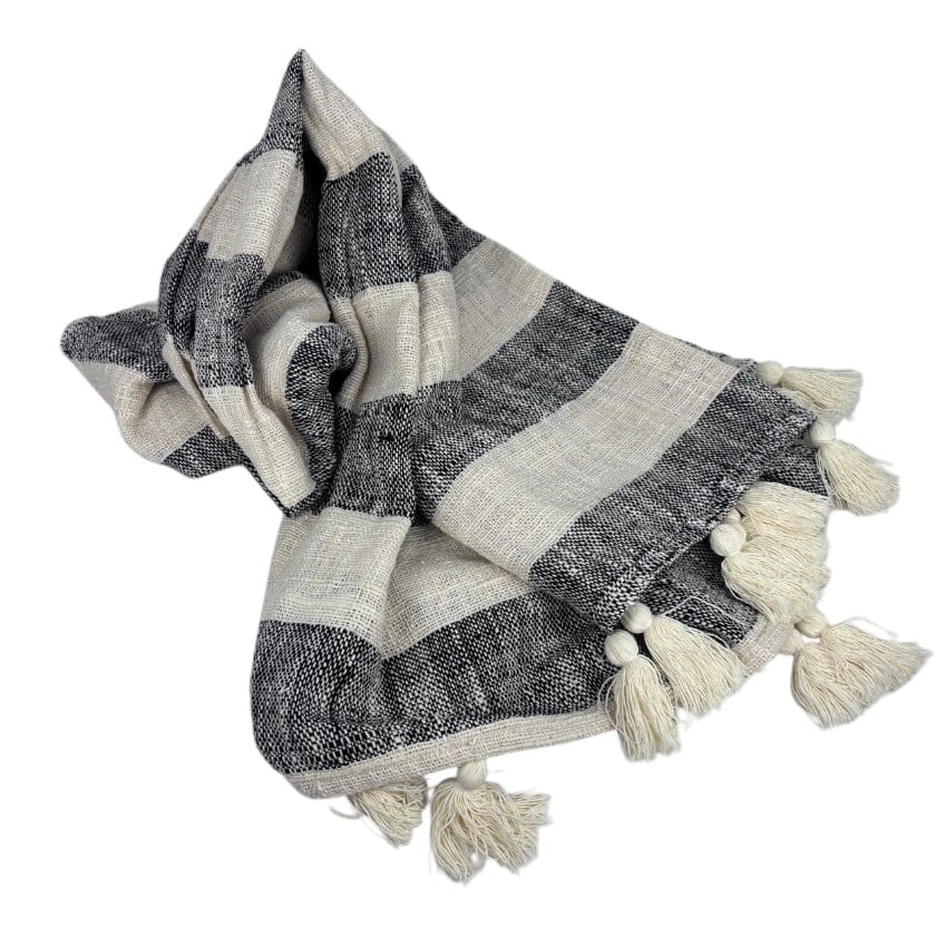 COTTON THROW NATURAL & BLACK BROAD STRIPE