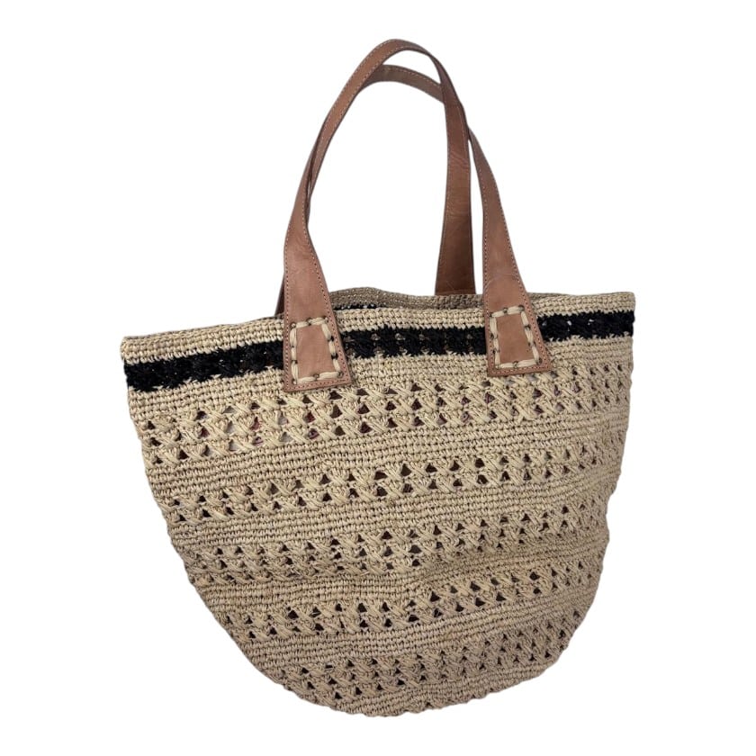 BAG RAFFIA CROCHET BALL NATURAL & BLACK STRIPE