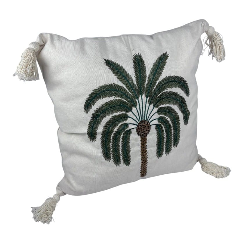 CUSHION EMBROIDERED PALM SINGLE & TASSLE WITH INNER