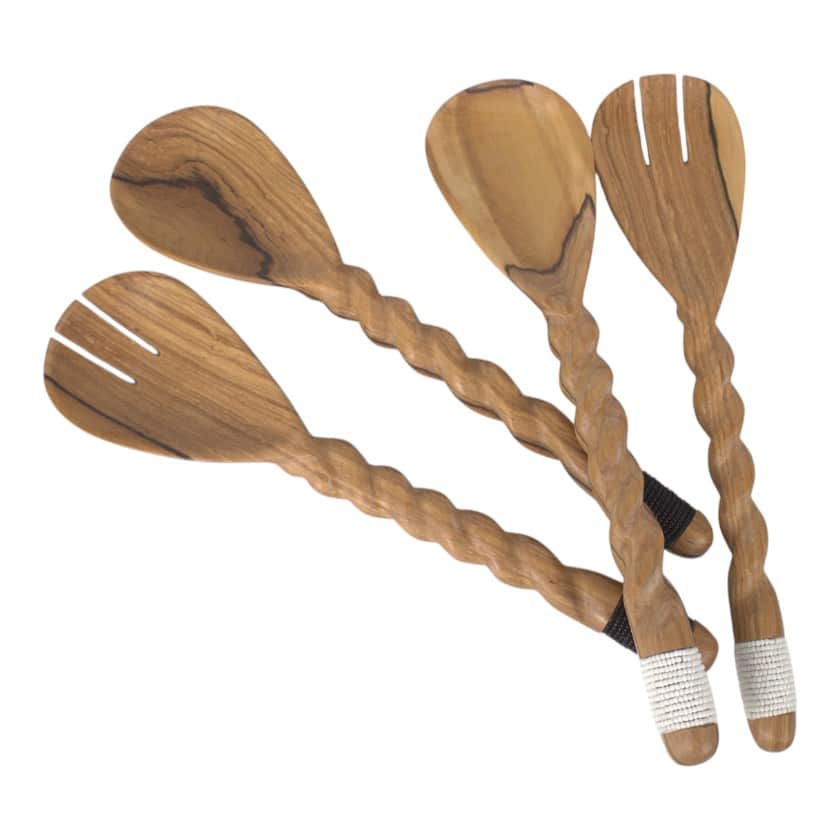 WOOD SALAD SERVER SPIRAL 12" WITH BEAD